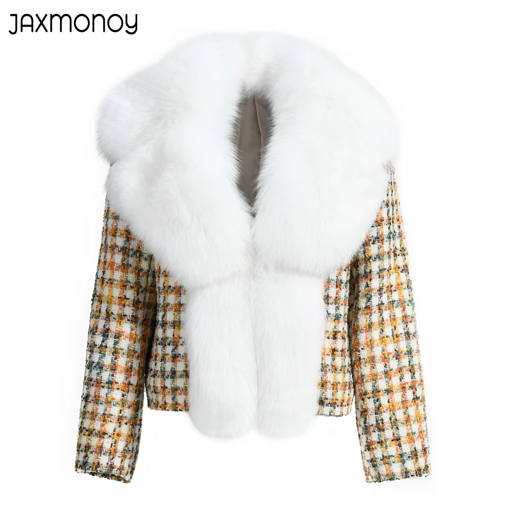 Jaxmonoy Woolen Coats Women Winter Big Real Fox Fur Collar Fashion Plaid Ladies Jacket Full Sleeve Female Cropped Outerwear New