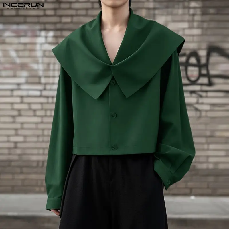 

INCERUN Мужская рубашка сплошной цвет темно-синий воротник с длинным рукавом свободная повседневная мужская одежда уличная одежда корейский стиль модные топы мужские рубашки