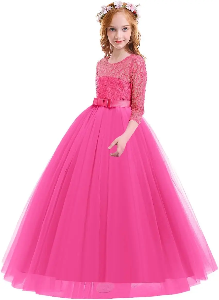 Menina flor retro flor renda 3/4 manga e vestido de chão festa de casamento aniversário comunhão vestido de noite formal pegeant vestido de baile