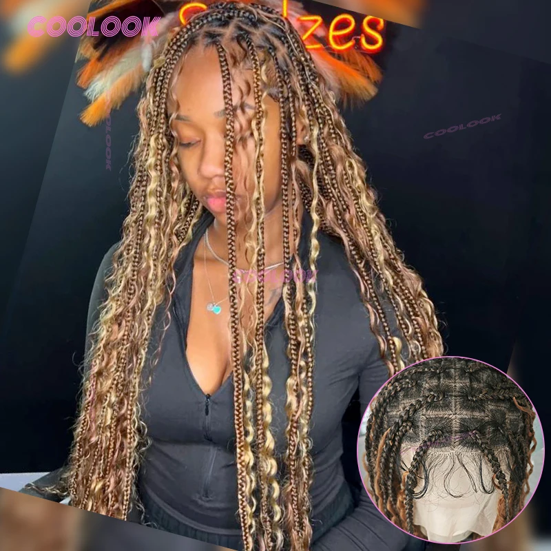 

1B27 Синтетические плетеные парики в стиле бохо для чернокожих женщин, полная кружевная передняя часть плетения волос, без узлов, косички, парик, дешевые парики на продажу