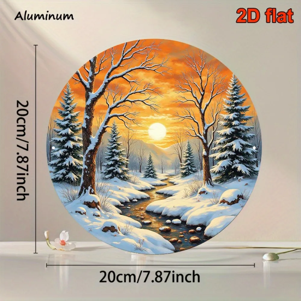 Vintage 2D Flat Print Winter Sunset Snowy Stream Round Tin Sign, Retro Realistic Winter Landscape with Pine Trees, Snow and Suns