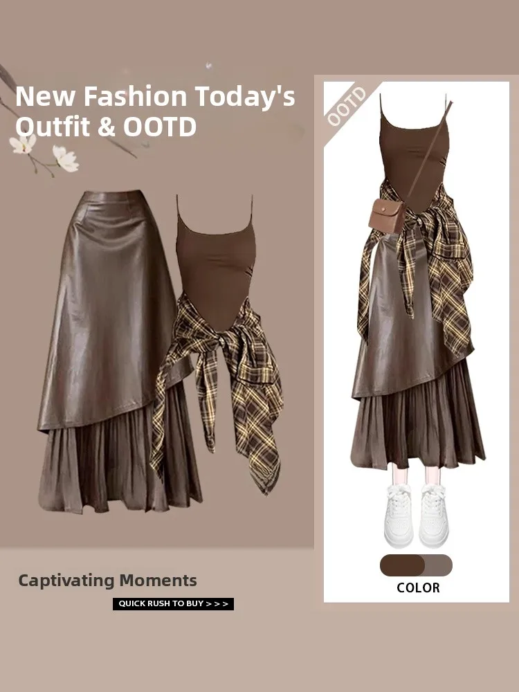 

Early Autumn Fashion Casual Loose Plaid Sun Protection Shirt American Style Loose Strap High Waist Slim Splicing Skirt