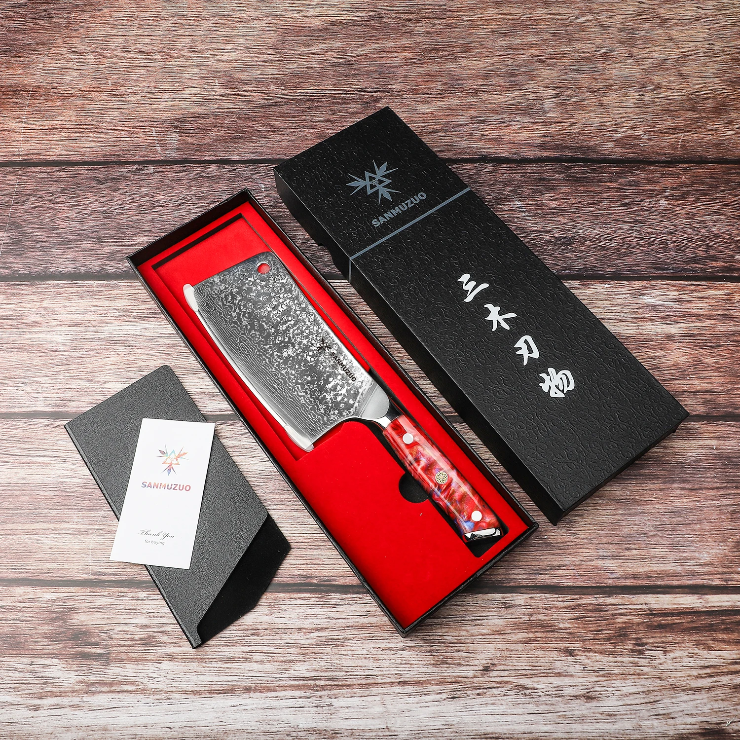 Afbeelding 7: Sanmuzuo Beenhakmes-6.5 Inch Hakmes-Xuan Serie-Vg10 Damascus Stalen Keukenmes-Handvat Van Hars (Rood)