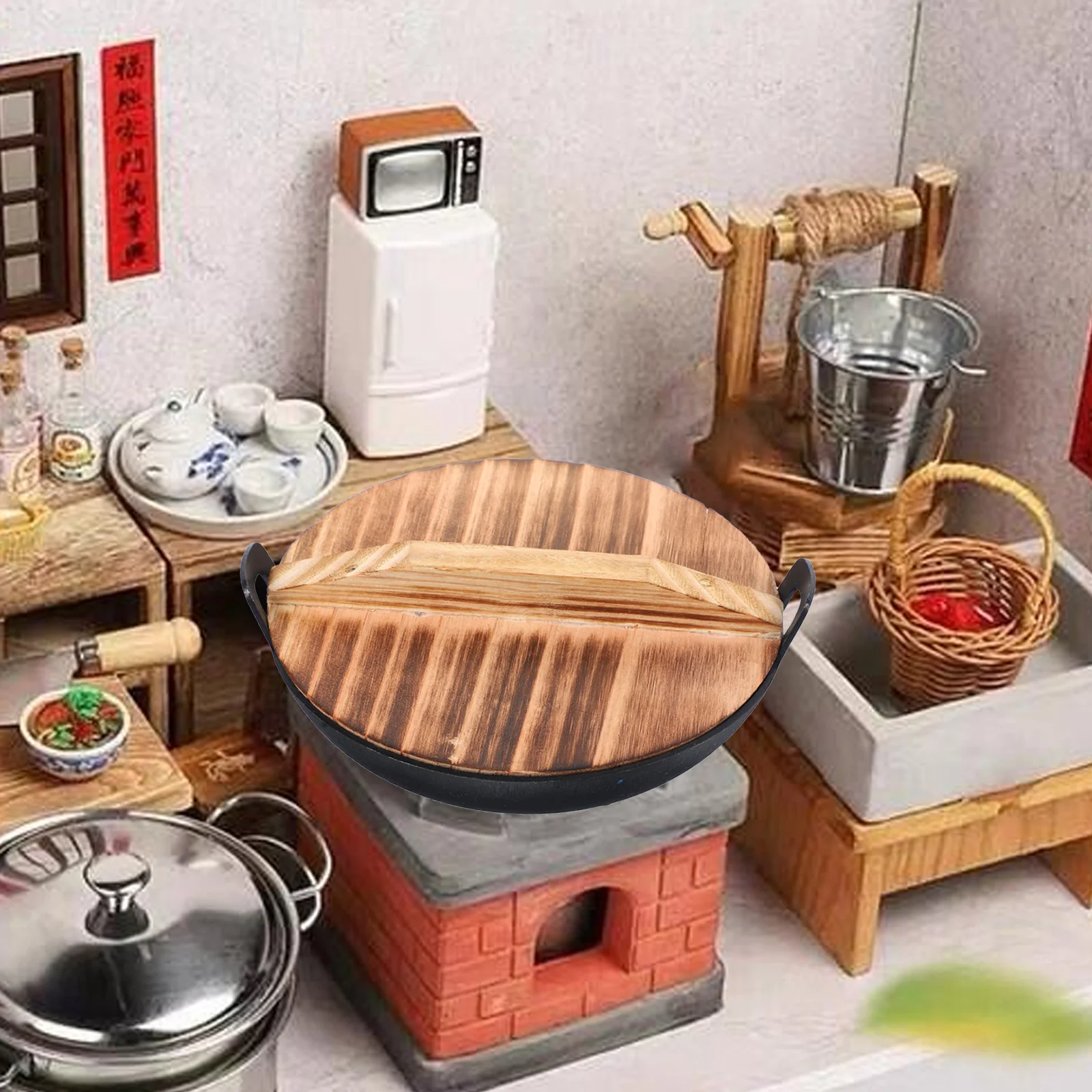 1 ensemble de Wok en fer Miniature avec couvercle en bois, Mini ustensiles de cuisine, outil d'apprentissage de cuisine créatif pour enfants, Mini parure de maison