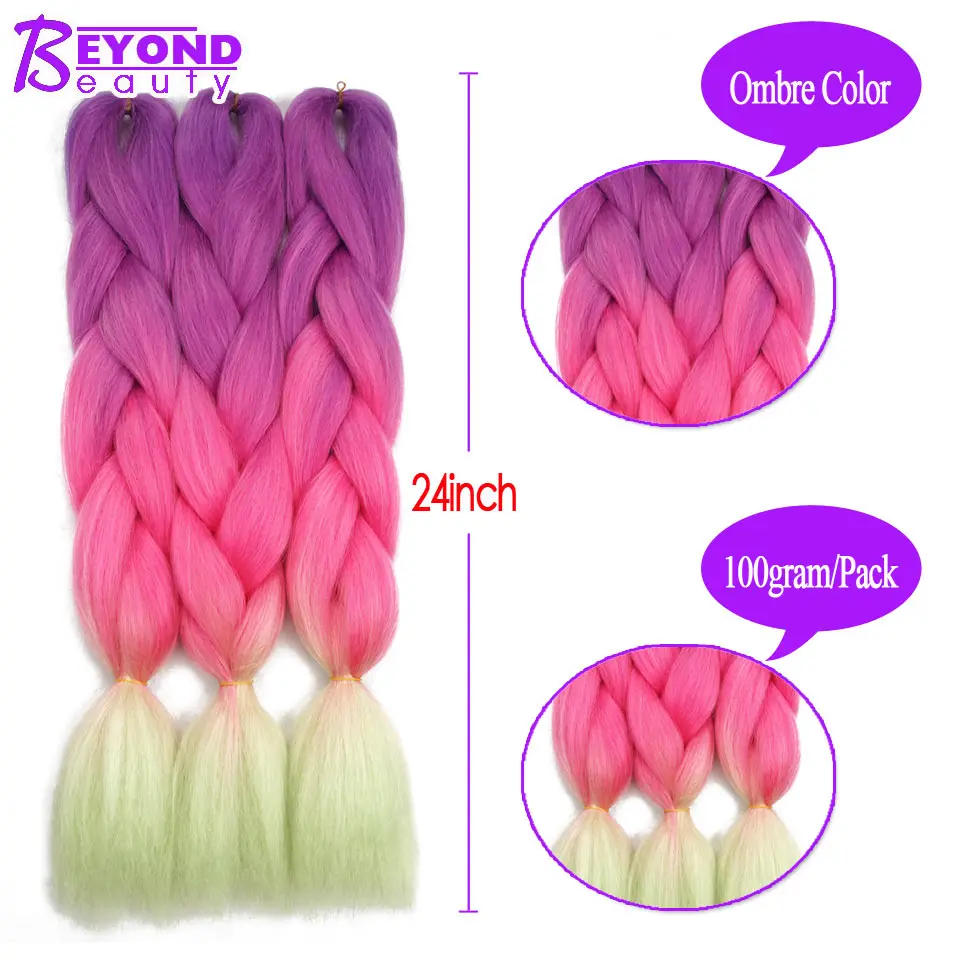 Beyond 100g 24 Inch Synthetic Jumbo Box Braids Expression Hook Crochet Hair Extension for Child Women Pre Stretched Yaki Ombre