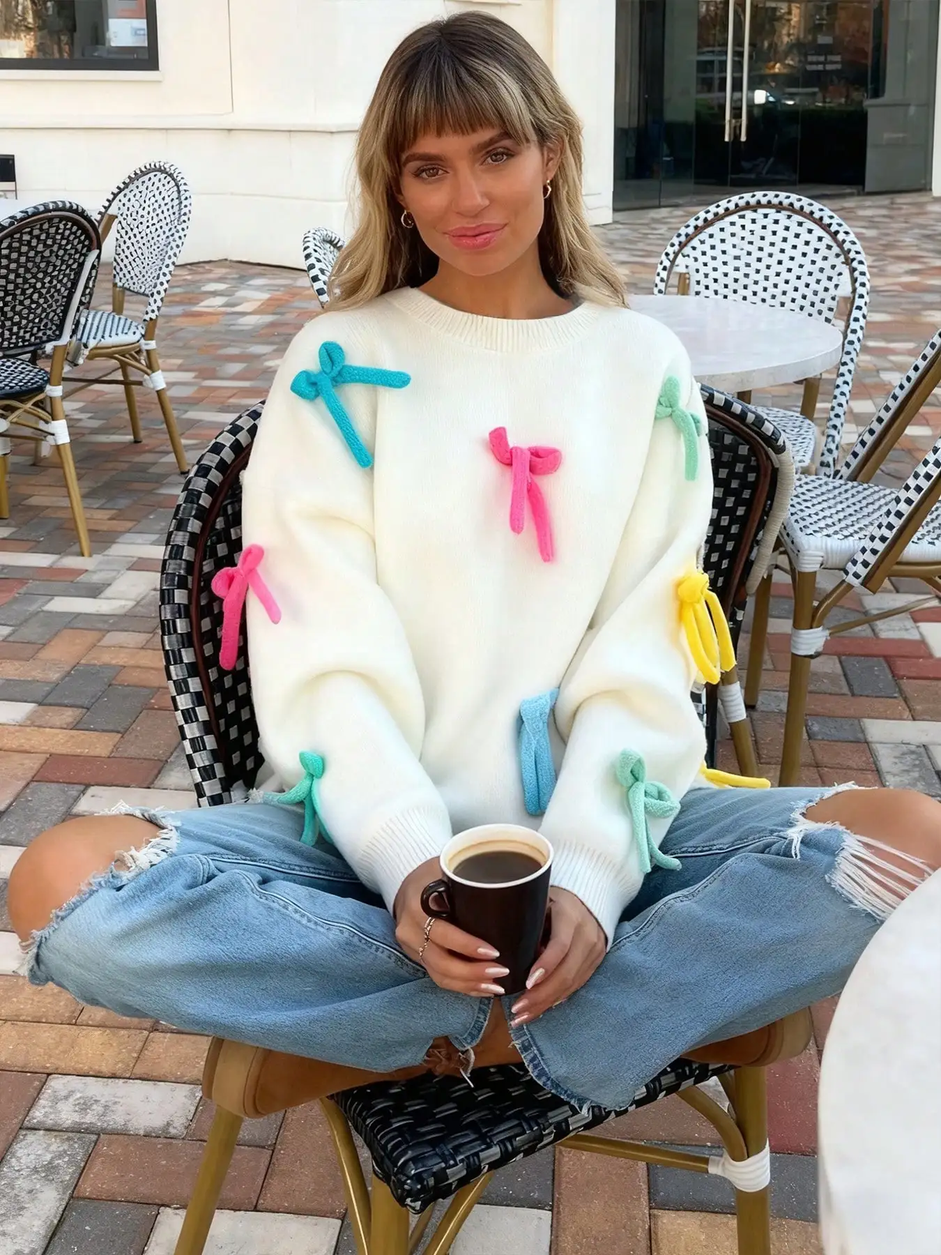 

Вязаный свитер оверсайз с красочным 3D-бантом, круглый вырез, длинные рукава, для повседневной носки осенью и зимой