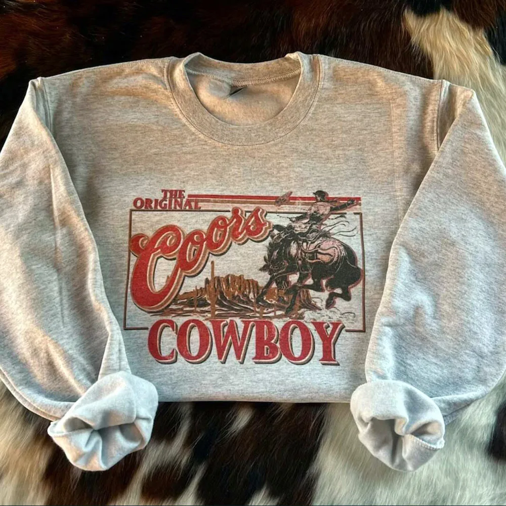 2023 Autumn Vintage Style Cowboy Printing Crewneck Sweatshirt Unisex Loose Cotton Thick Warm Women Pullovers Casual Western Tops