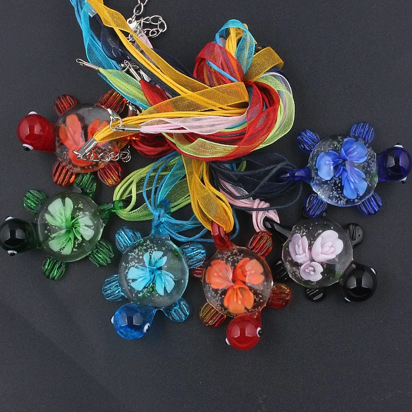 Fashion Wholesale 6pcs Handmade Murano Lampwork Glass Mixed Color Noctilucent Turtle Inside Pendants Charms Necklaces Hot