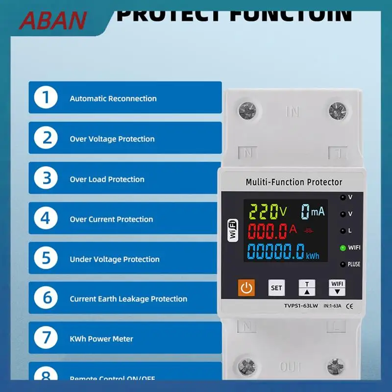 ABAN 63A TUYA Wifi Smart Earth Leakage Over Under Voltage Protector Relay Circuit Breaker Energy Power Kwh Meter