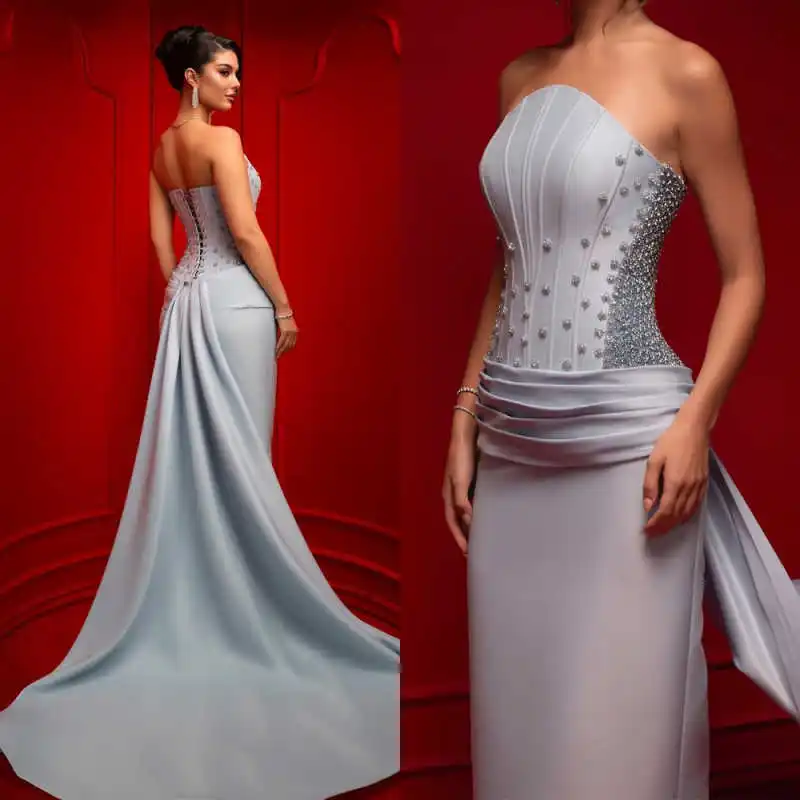 

Customized Modern Evening Dress Strapless Sleeveless Lace Up Crystal Beads Celebrity Gowns Cocktail Dress Robes De Soiree