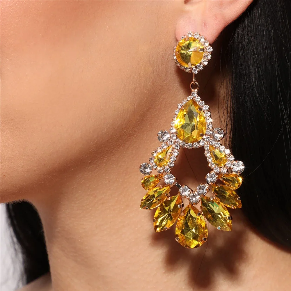 Bohemian Yellow Rhinestone Water Drop Geometric Earrings Dinner Jewelry for Women Luxury Crystal Big Dangle Statement Earrings