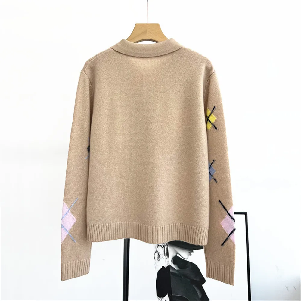 25 Autumn/Winter New Women's Sweater Diamond Check Contrast Pullover Lapel Button Long Sleeve Cashmere Knitted Top