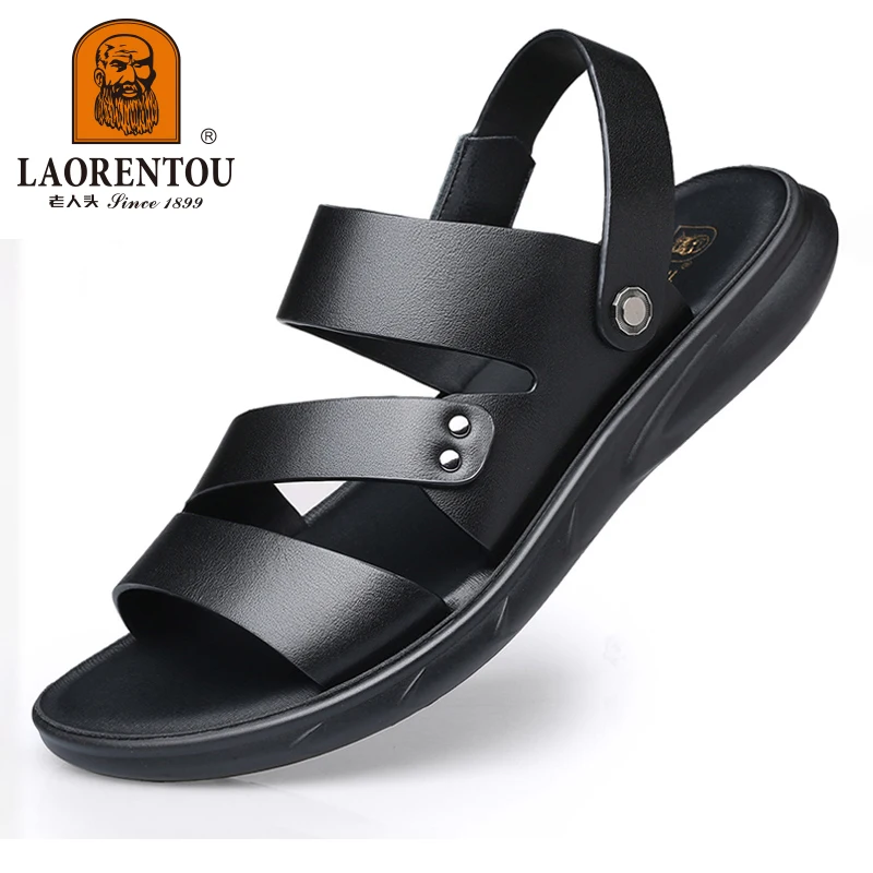 LAORENTOU genuine leather sandals, breathable men's beach shoes, non slip soft soled cowhide casual sandals/slippers