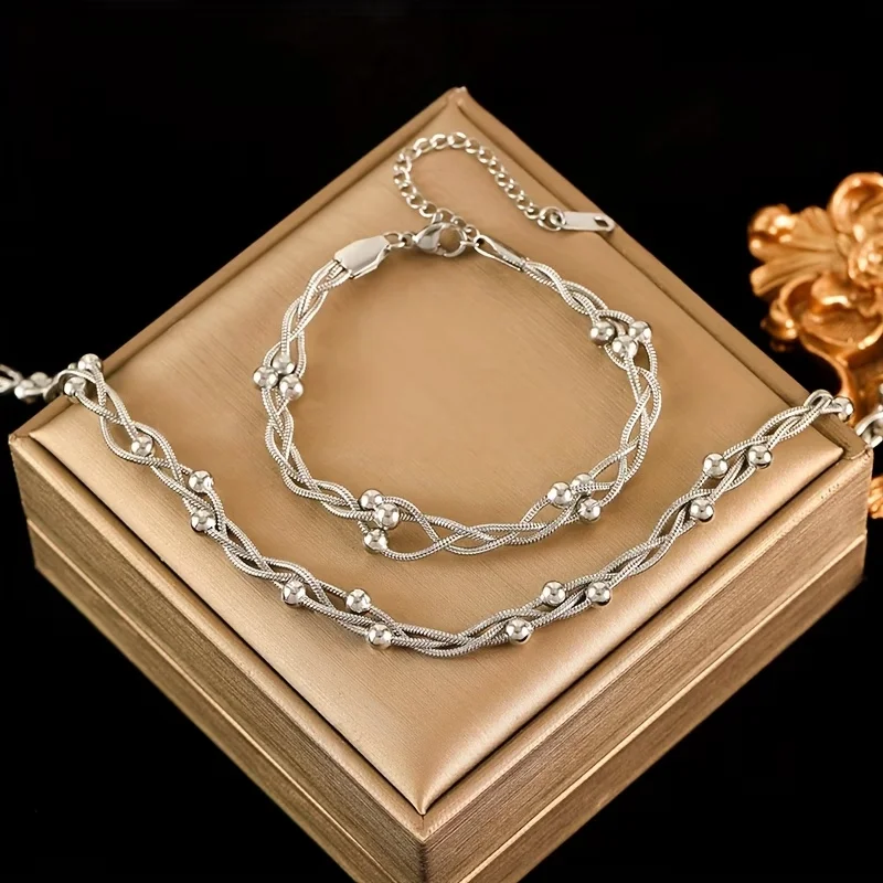 2pcs Interwoven Triple Round Snake Chain Crimp Bead Wrap Necklace & Bracelet Set Minimalist Fashion Jewelry Gold/Silver Tone