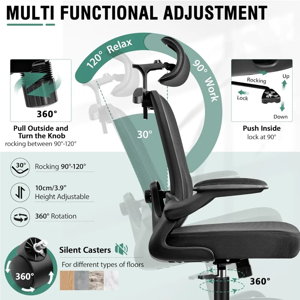 Kursi kantor, kursi kantor ergonomis dengan penyangga Lumbar 3D, sandaran kepala kantor, kursi tinggi, nyaman