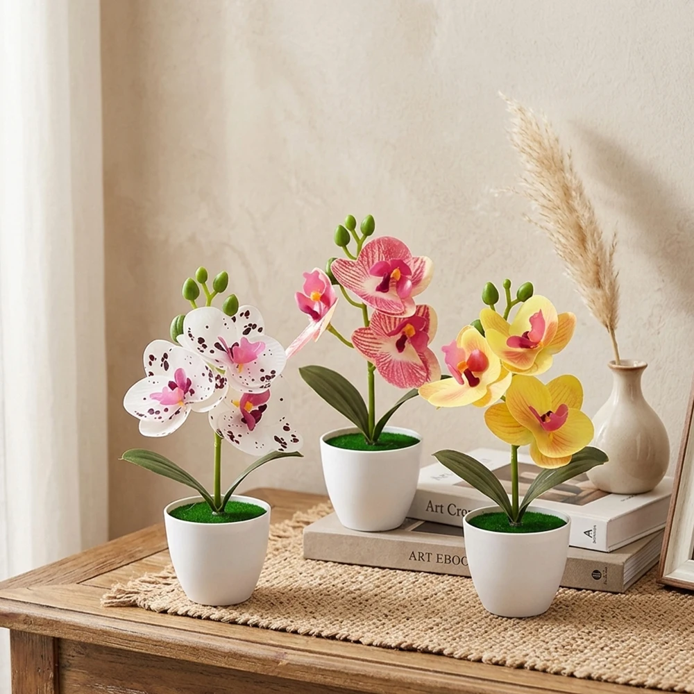 Orquídea Artificial em Vaso com 3 Hastes, Mini Phalaenopsis, Flor Falsa de Plástico, Ornamento de Mesa, Decoração para Casa e Sala de Estar