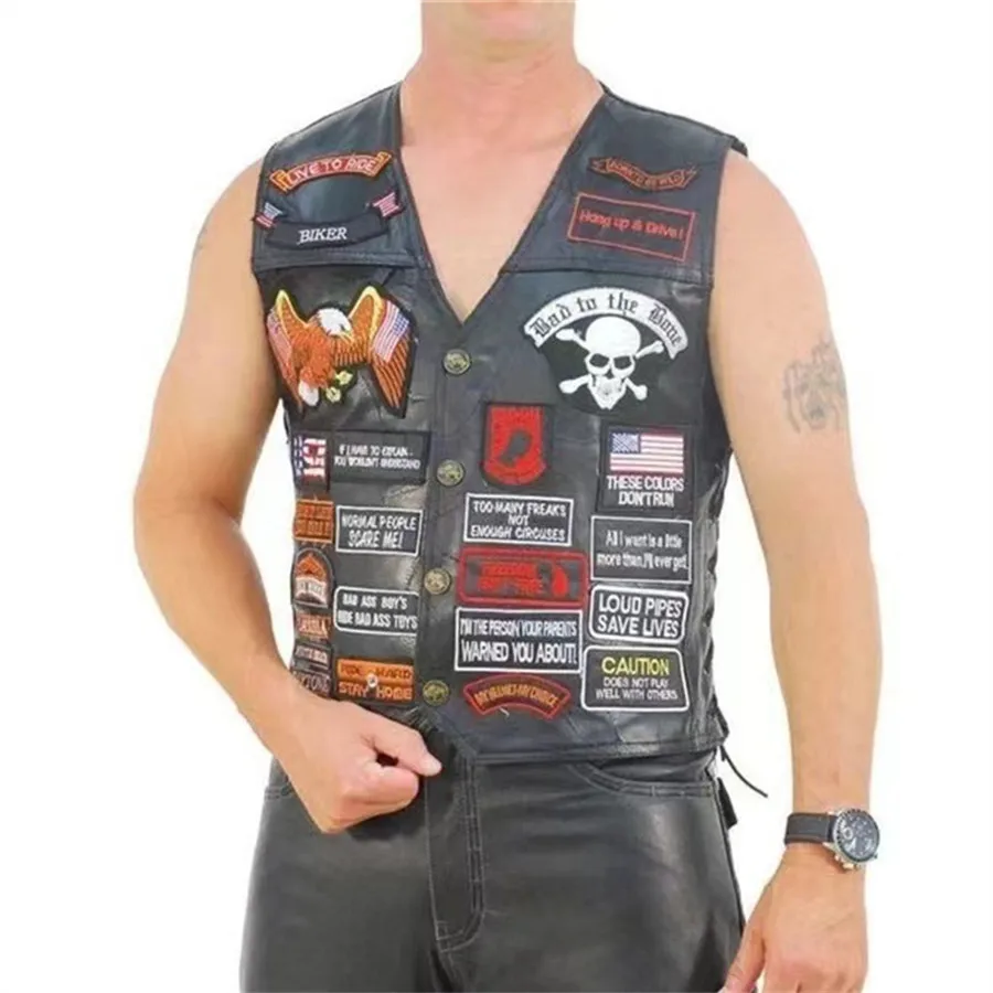 

Cool Men Leather Vest 42 Patches Embroidered Sleeveless Motorcycle Jacket Punk Style Short Waistcoat Men's Clothing Biker Coat