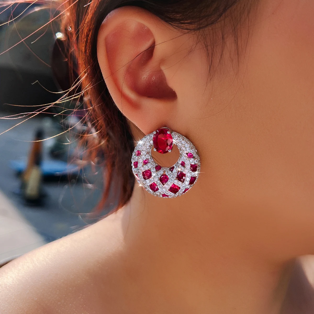 CWWZircons Top Hot Luxury Pink Red Cubic Zirconia Big Round Party Drop Earrings for Women Christmas Jewelry Festive Gifts E0838