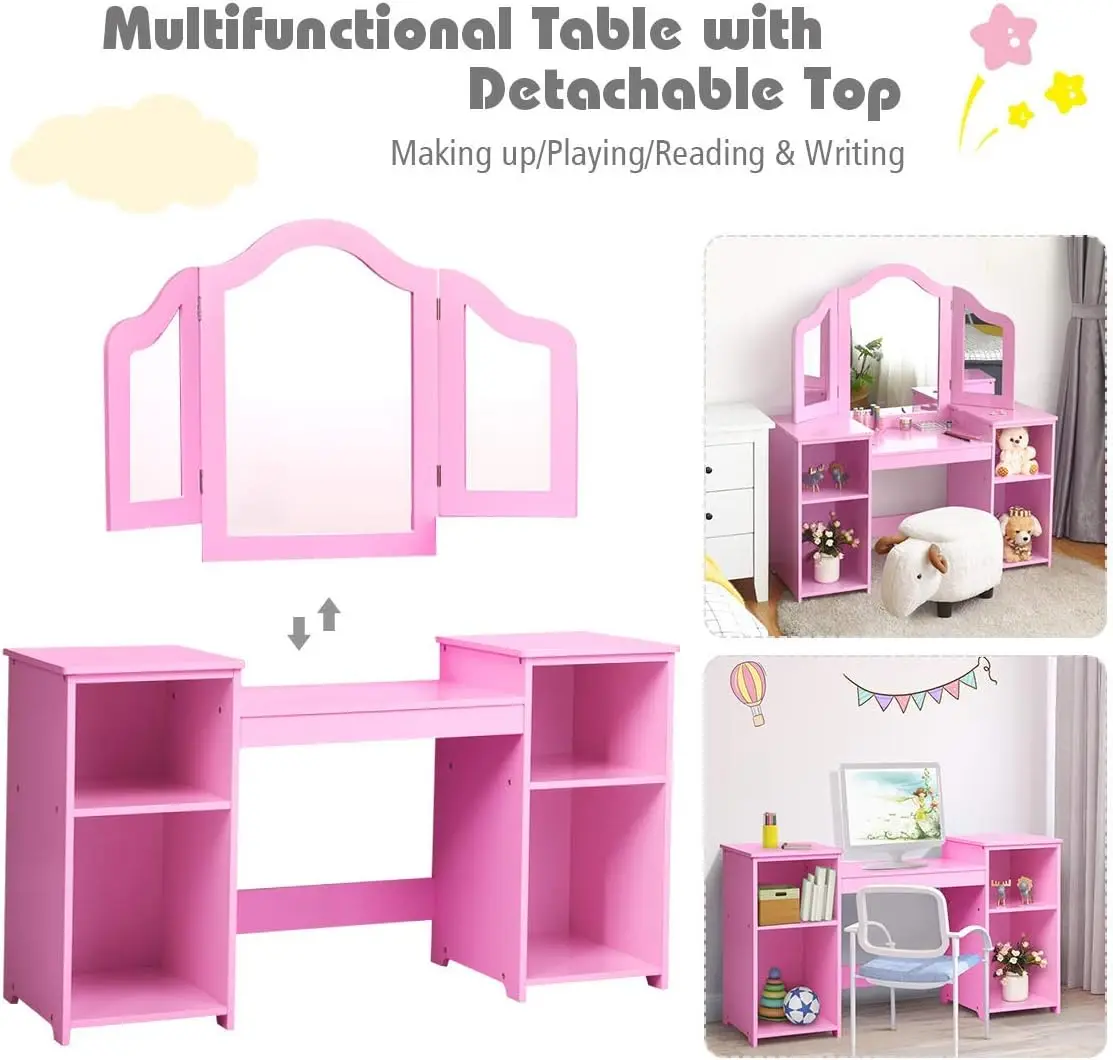 Kids 'Princess Makeup Desk, Penteadeira com Top Destacável, Toddler Vanity, Tri-Fold Mirror, Prateleira de Armazenamento, 2 em 1