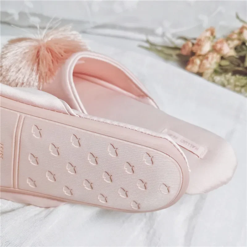 High Quality Elegant Silk Fringe Ball Pink Comfortable Home Slippers Breathable Indoor Mute Non-slip House Shoes Women Slides