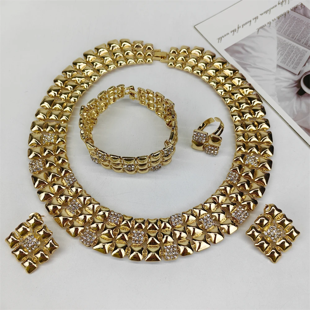 TITI Shiny White Zircon Jewelry Set Italy Nigeria Wedding Jewellery 18K Gold Plated Big Necklace Bracelet Long Drop Earring