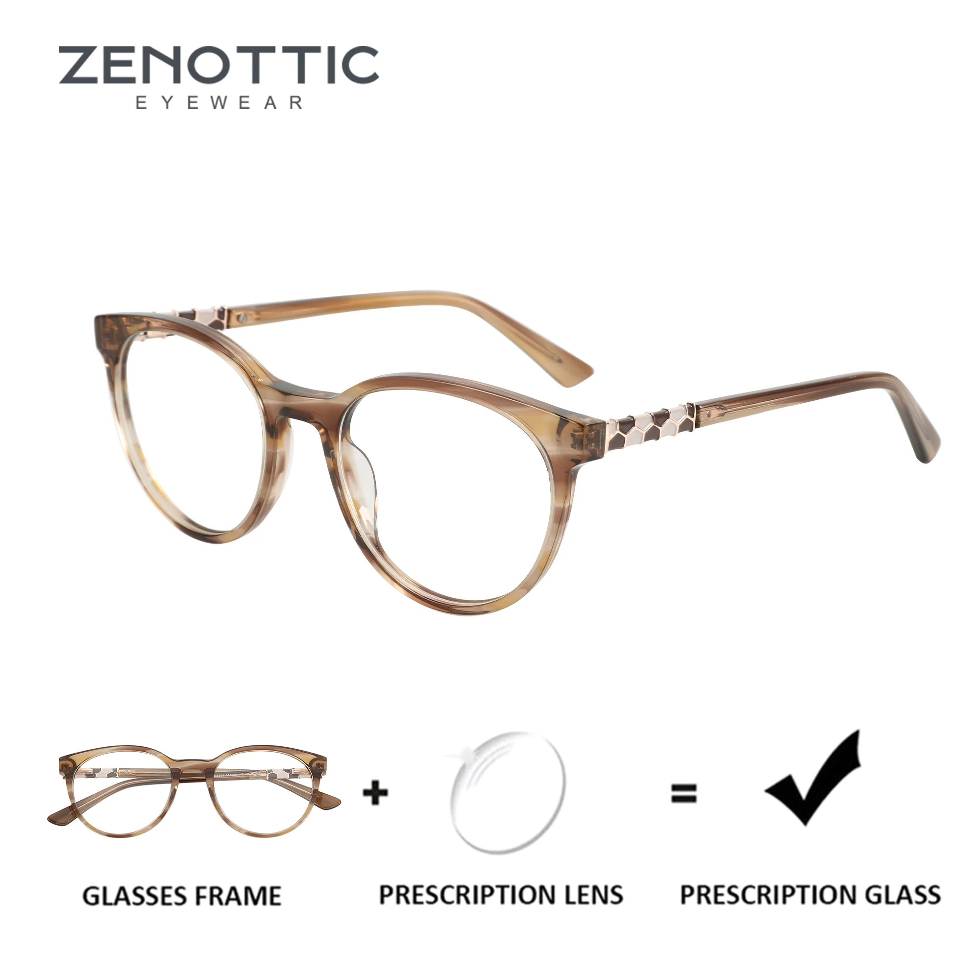 ZENOTTIC Fashion Brown Transparent Oval Prescription Glasses Round Myopia Eyewear Handmade Acetate Optical Eyeglasses for Women