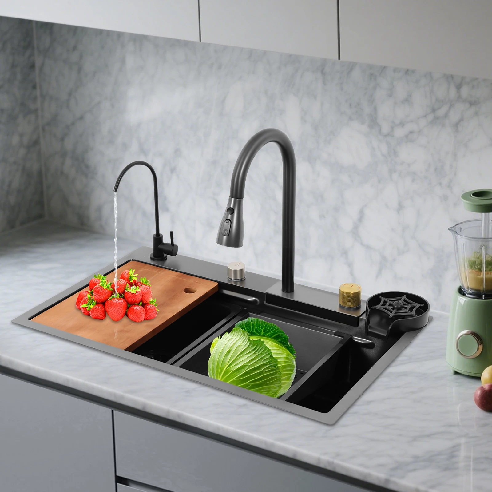 Küchenspüle aus Edelstahl, pistergrau, rechteckiges Haushaltsspülbecken-Set mit Drainagekorb, 2-Wasserhähne, Schneidebrett, Tassenwascher – Detail 4