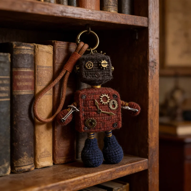 

Custom Name Steampunk Crochet Robot Keychain - Personalized Handmade Amigurumi Bag Charm Gift