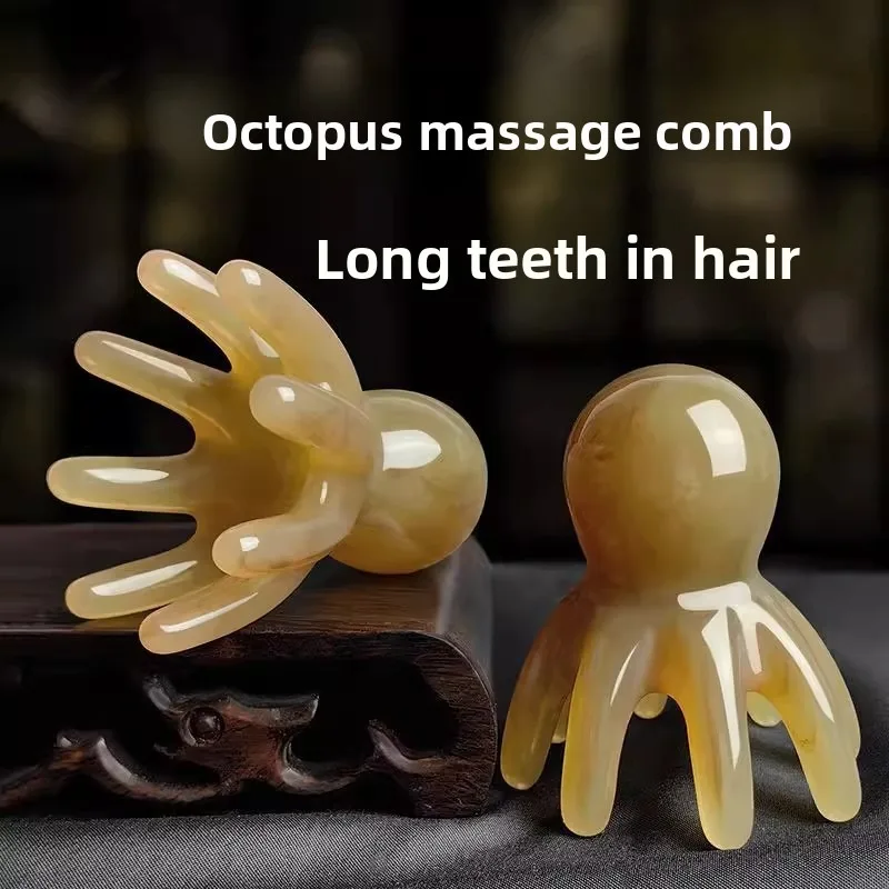 Peine de masaje de cuerno blanco sólido para meridianos, cepillo de masaje tipo pulpo para el cuero cabelludo, cepillo de champú doméstico para hombres y mujeres