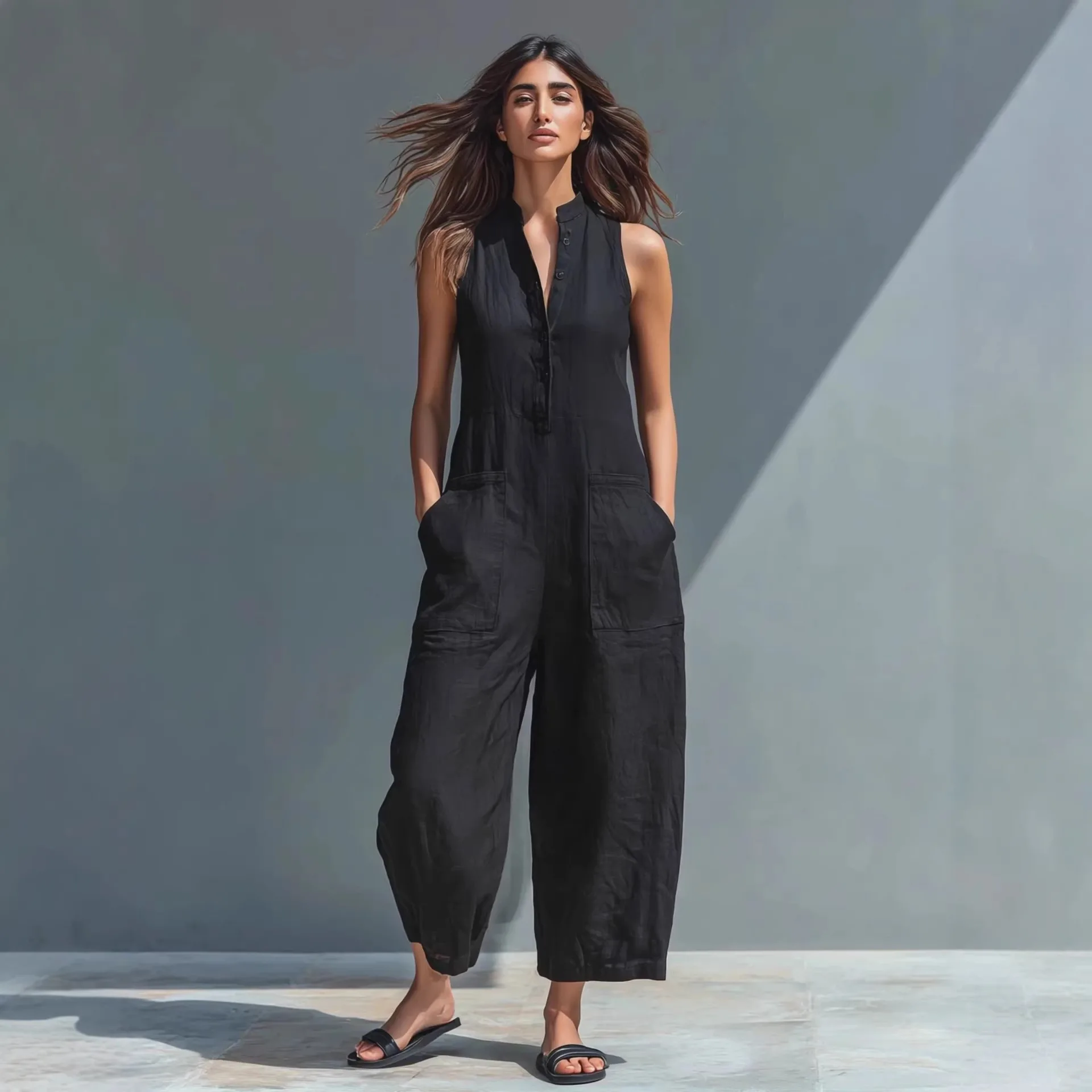 

Women's Casual Jumpsuits New Sleeveless Stand Collar Pocket High Waist Wide Legs Jumpsuits Office Lady One Piece Wide Leg Pants
