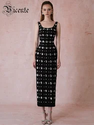 VC Women'S Black Sexy Sleeveless Square Neck Luxurious Crystal Bandage Maxi Long Dress Elegant Party Cocktail Evening Dress