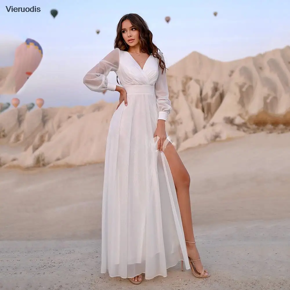 

Ivory Long Puffy Sleeves Prom Dress A Line Chiffon V Neck High Split Evening Gowns Vestido De Noche