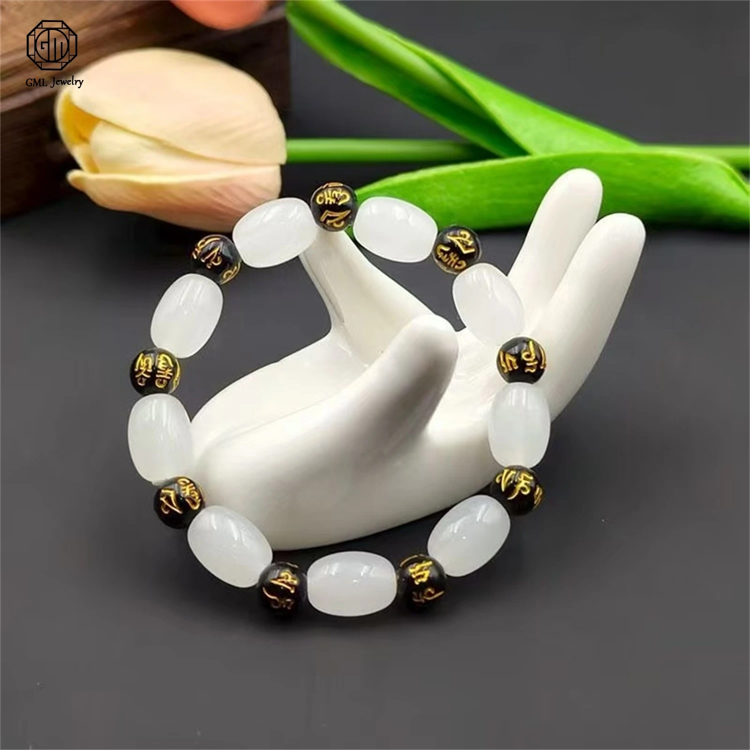 Imitation Hetian White Jade Six Word Mantra Beaded Bracelet Buddhist Prayer Mala Unisex Men Women Spiritual Jewelry Gift