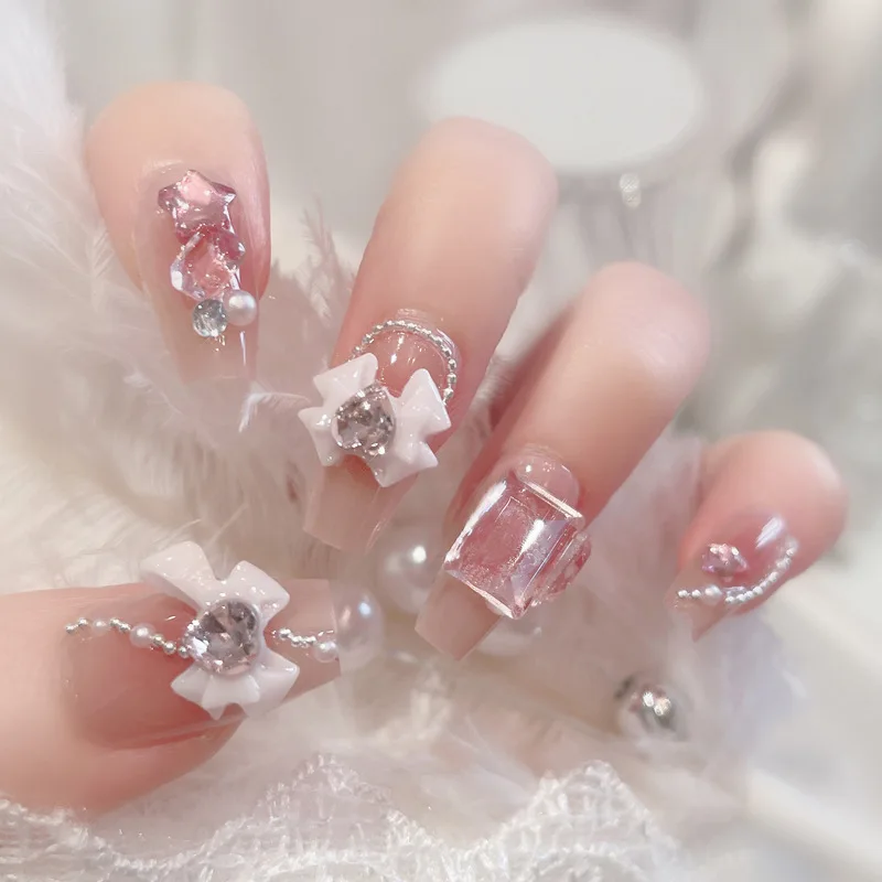 24 stücke rosa quadratisches mittellanges Drücken auf Nägel 3d Strass Luxus billige Mädchen kawaii falsche Nägel niedliche süße künstliche Nägel mit Kleber