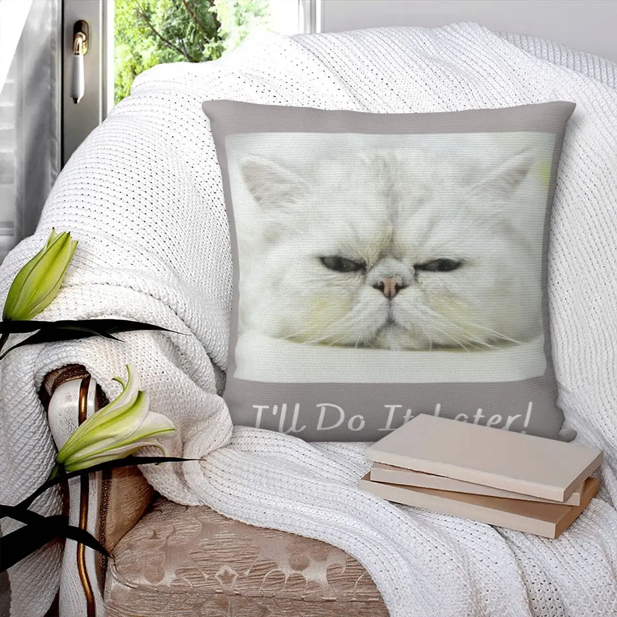 Ill Do It Later Persian Chinchilla Cat Pillowcase Printed Polyester Cushion Cover Decor Pillow Case Cover Seater Square 45X45cm