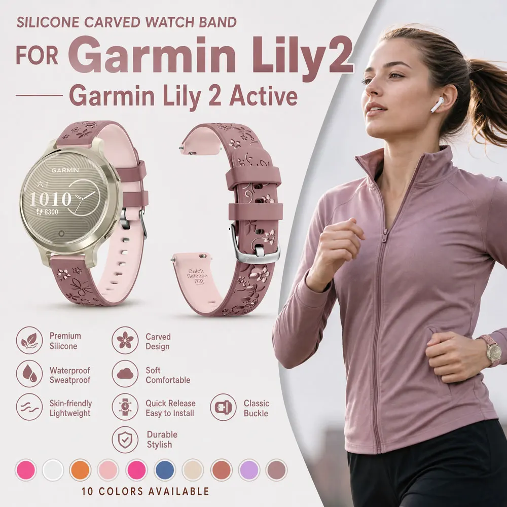 Engraved Silicone Strap for Garmin Lily2/Lily2 Active Band 14mm Watch Replacement Strap Breathable for Garmin Lily2 Bracelet