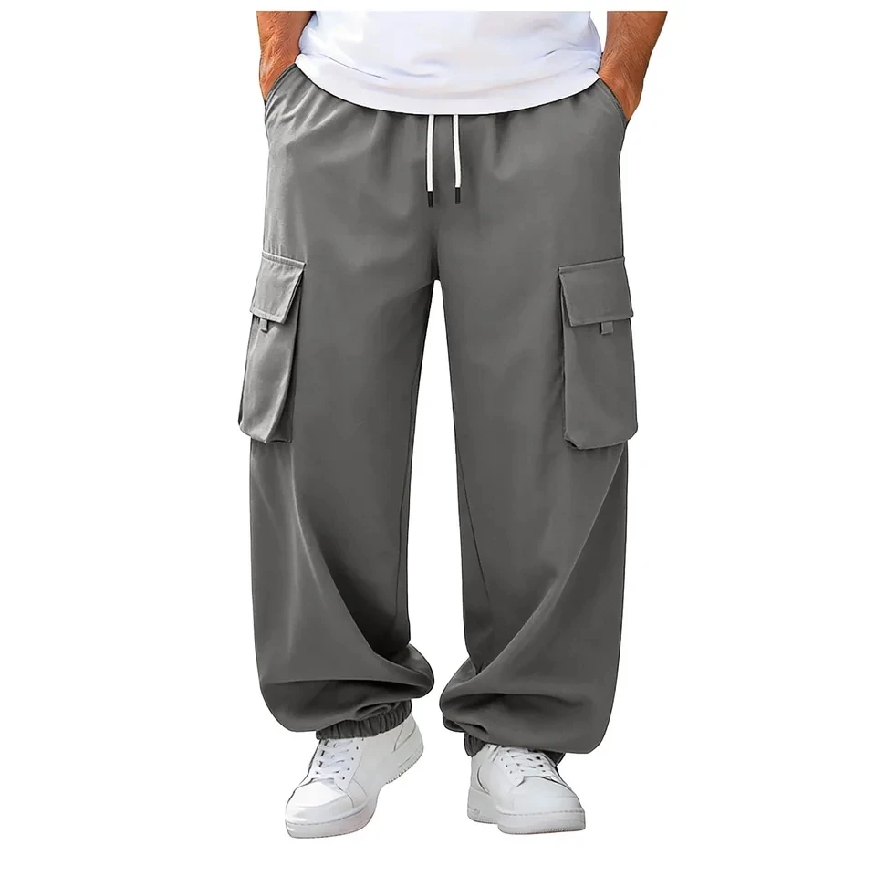 

Men's Loose Cargo Pants Solid Drawstring Waist Straight Leg Trousers Streetwear Casual Work Pants With Pockets Mens Sweatpants