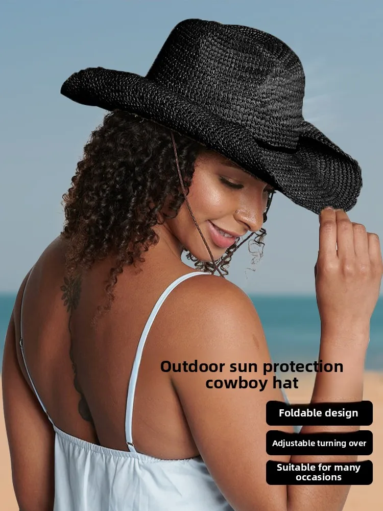 USPOP Natural Raffia Straw Cowboy Hat for Women Men Outdoor Western Sun Hat with Chin Strap Summer Foldable Wide Brim Beach Hat