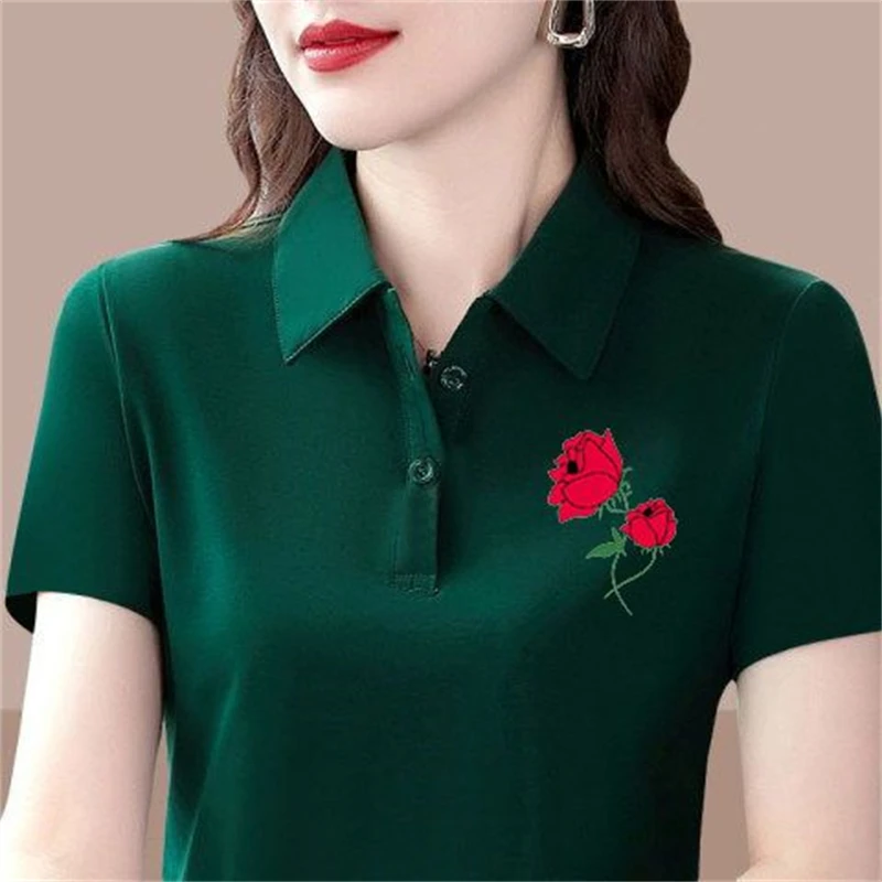 Women Fashion Short Sleeve Floral Print Tees Elegant Polo Collar T-shirt 2024 Summer Casual Slim Button Basic Tops Ropa De Mujer