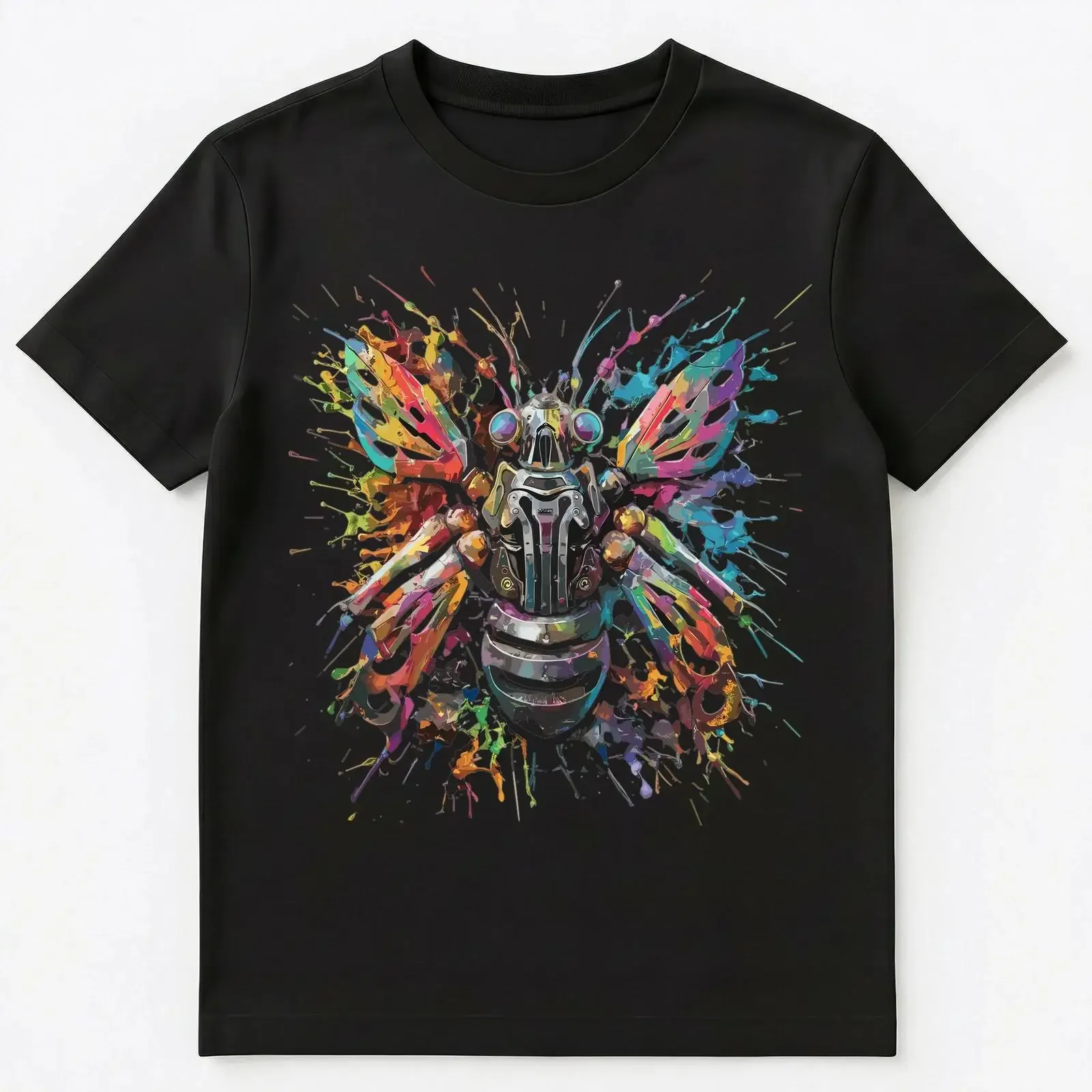 T Shirt bunte Farbspritzer mechanisch Insekt Kunst Grafik  vintage Washed Casual homme Soft Versatile graphic Breathable