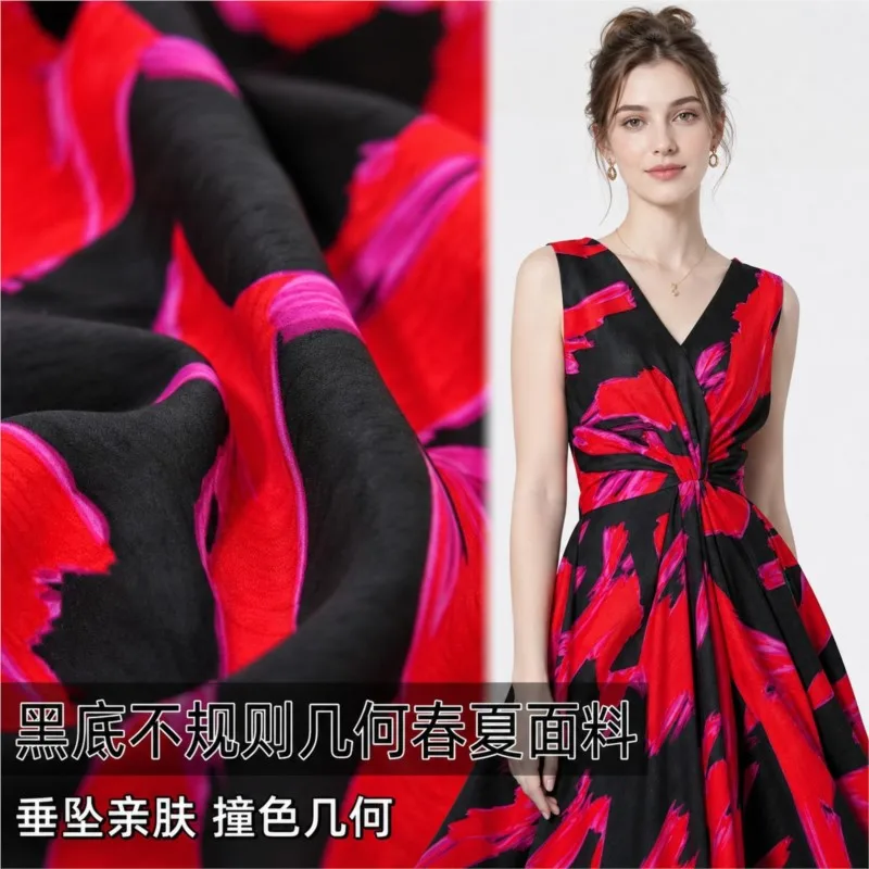 Skin-friendly black base irregular satin red geometric spring and summer fabric shirt dress skirt cheongsam
