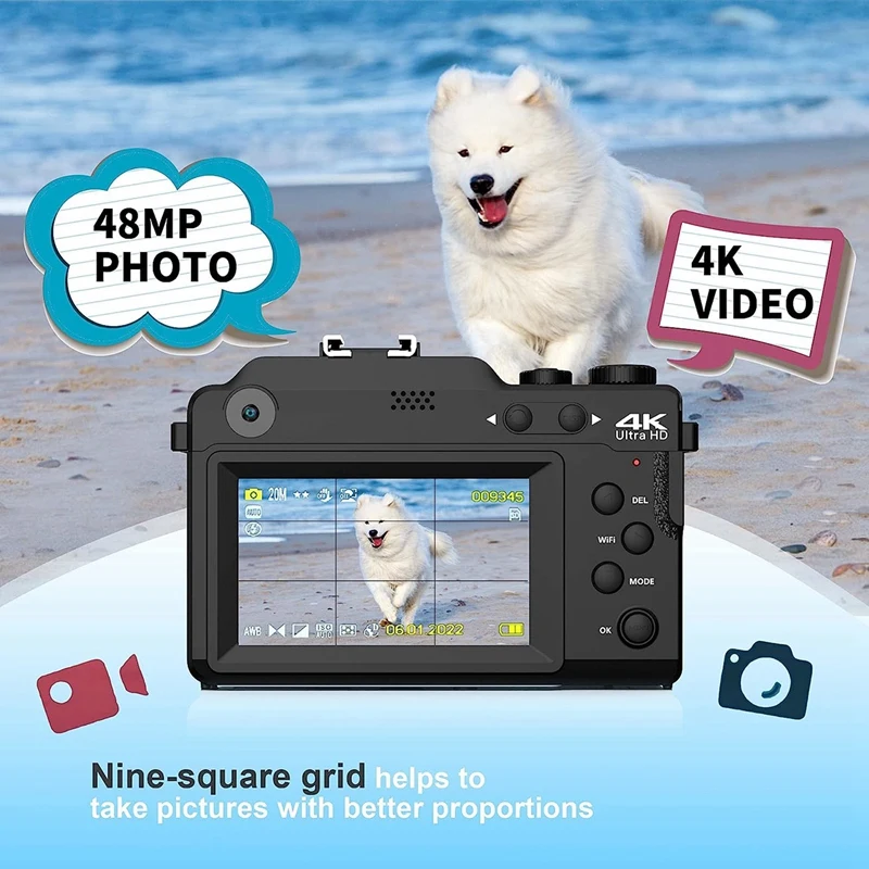 3In IPS Screen Digital Camera 4K Vlog Camera For Photography, Dual Cam Front And Rear Camera With Autofocus Face Detect