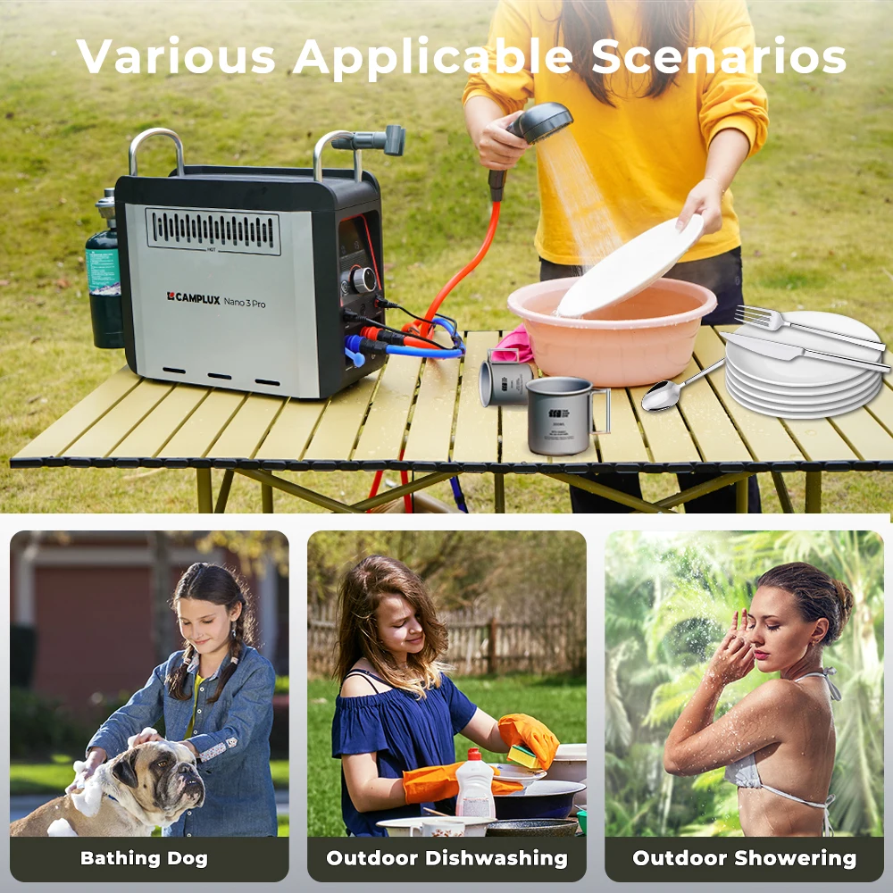 CAMPLUX Nano 3 Pro Battery Powered Portable Propane Water Heater 1lb Gas On Demand Camping Shower Outdoor Ground Use With Pump