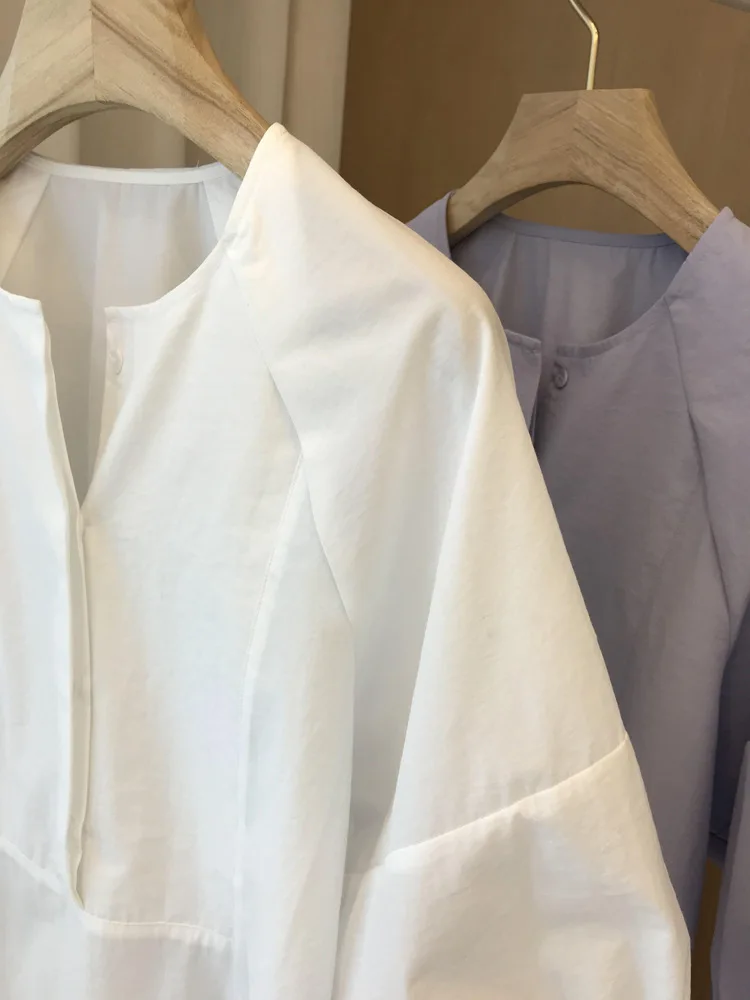 Camicia ampia a maniche lunghe con scollo tondo tinta unita casual da donna primaverile ed estiva