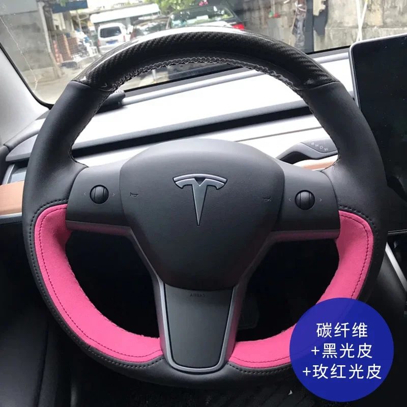 

DIY Luxury Suede Leather Hand Sewn Car Steering Wheel Cover Black Skidproof Slim For Tesla Model 3 S Model YS Model X Customize