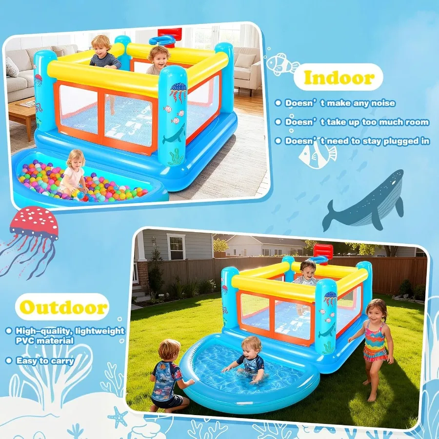 Aufblasbare Hüpfburg für kleine PVC-Hüpfburg, Spielhaus, Pullover, abnehmbarer Bällebad, Basketballkorb, Hopscotch-Spiel, Luftpumpe