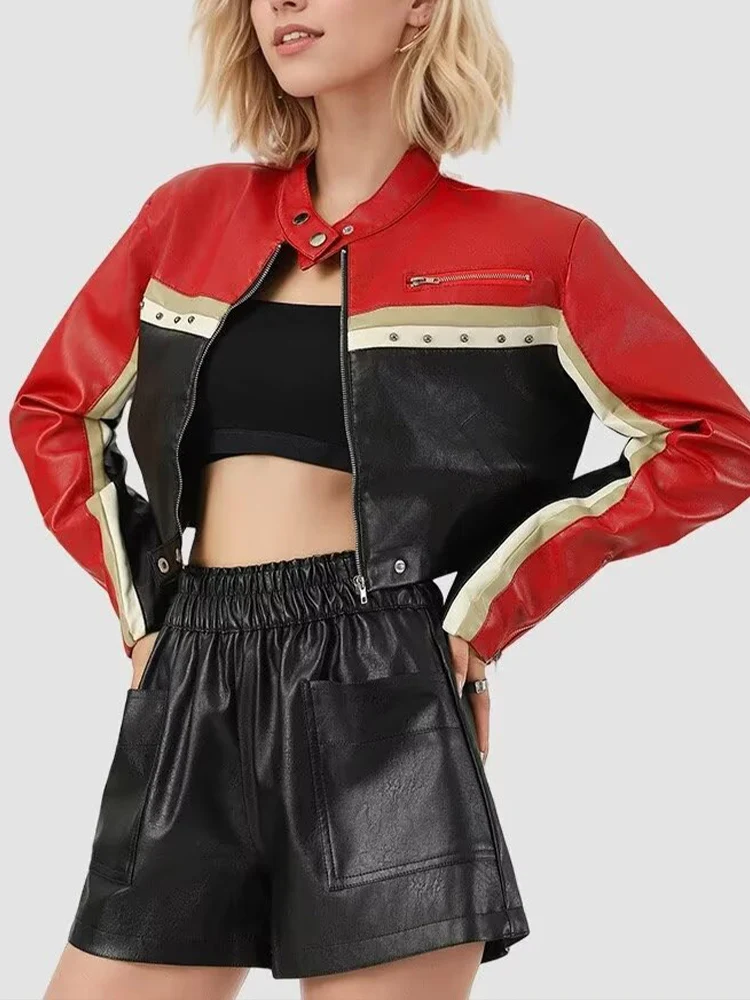 

Autumn new American retro fashion trend splicing rivet motorcycle short temperament leather jacket female pilot jacket short top