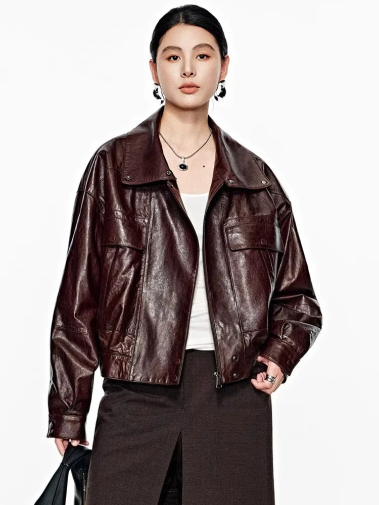 

Vintage Short Genuine Leather Jackets for Women Spring Autumn 2026 New High-end Simple Solid Soft Oil Wax Real Sheepskin Coat