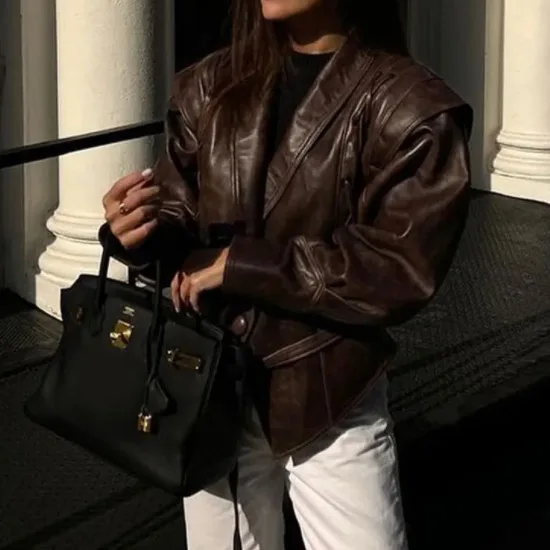 

Insozkdg Autumn/Winter New Trendy Black Versatile Retro Faux Leather Jacket for Women Strap V-neck PULeather Coat Women Tops