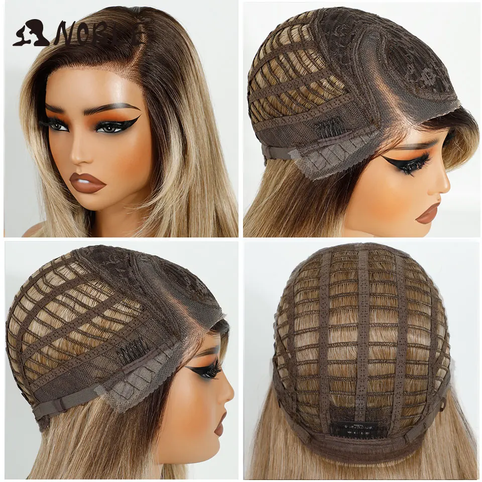 Edle, gerade geschnittene, synthetische Perücken mit Spitze am Vorderteil für Damen, seitlich geteilte Perücke mit vorgezupfter Haaransatzlinie, gestufte Perücke, Ombré-Blond-Weiß-Cosplay-Perücke. – Detail 6